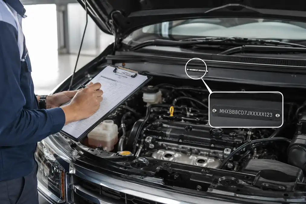 Petugas surveyor sedang mengecek keaslian nomor mesin dan kondisi fisik mobil